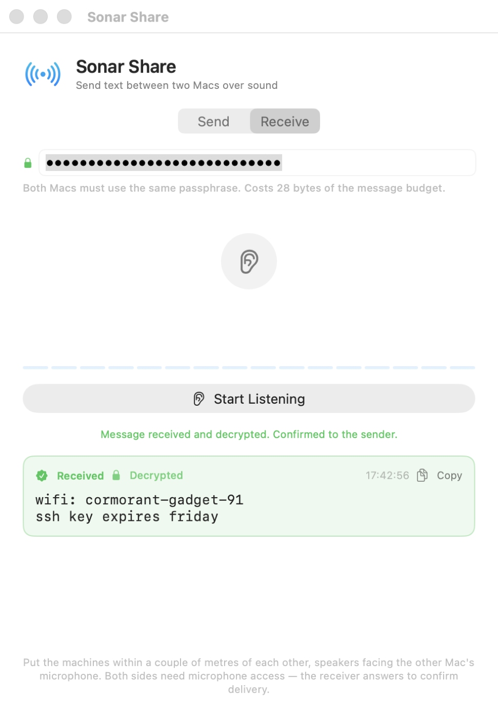 The Receive tab, showing a decoded message
