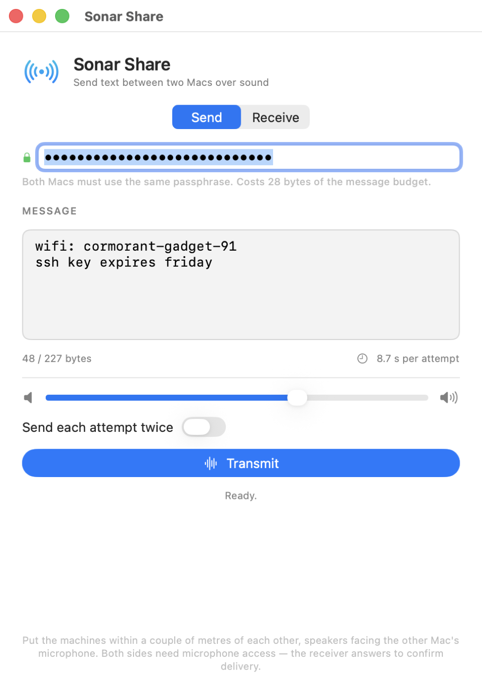 The Send tab, with a message typed in and a volume slider